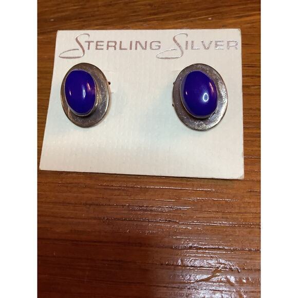 Sterling Silver Cabochon Blue Lapis Earrings Tested Vintage Boho Mexican Silver - Picture 1 of 5